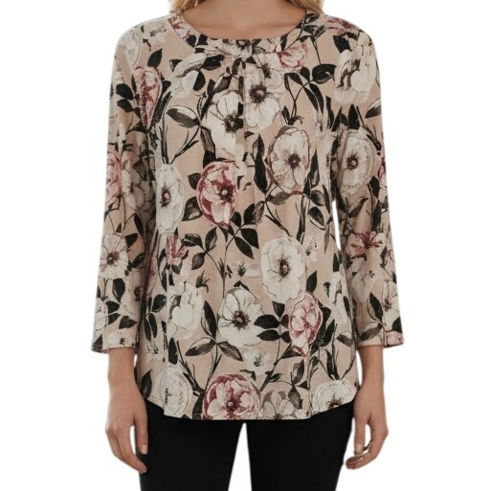 KARL LAGERFELD PARIS Vianne Floral Pleated Bow Knit 3/4" Sleeve Top‎ EUC Size XS